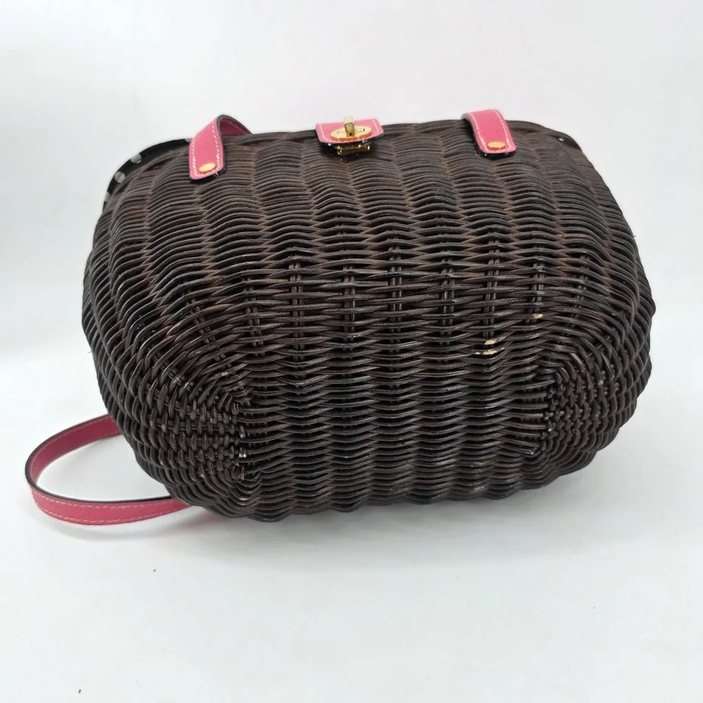 Kate Spade Pink Leather Dark Brown Wicker Picnic Basket Polka Dot Satchel Bag